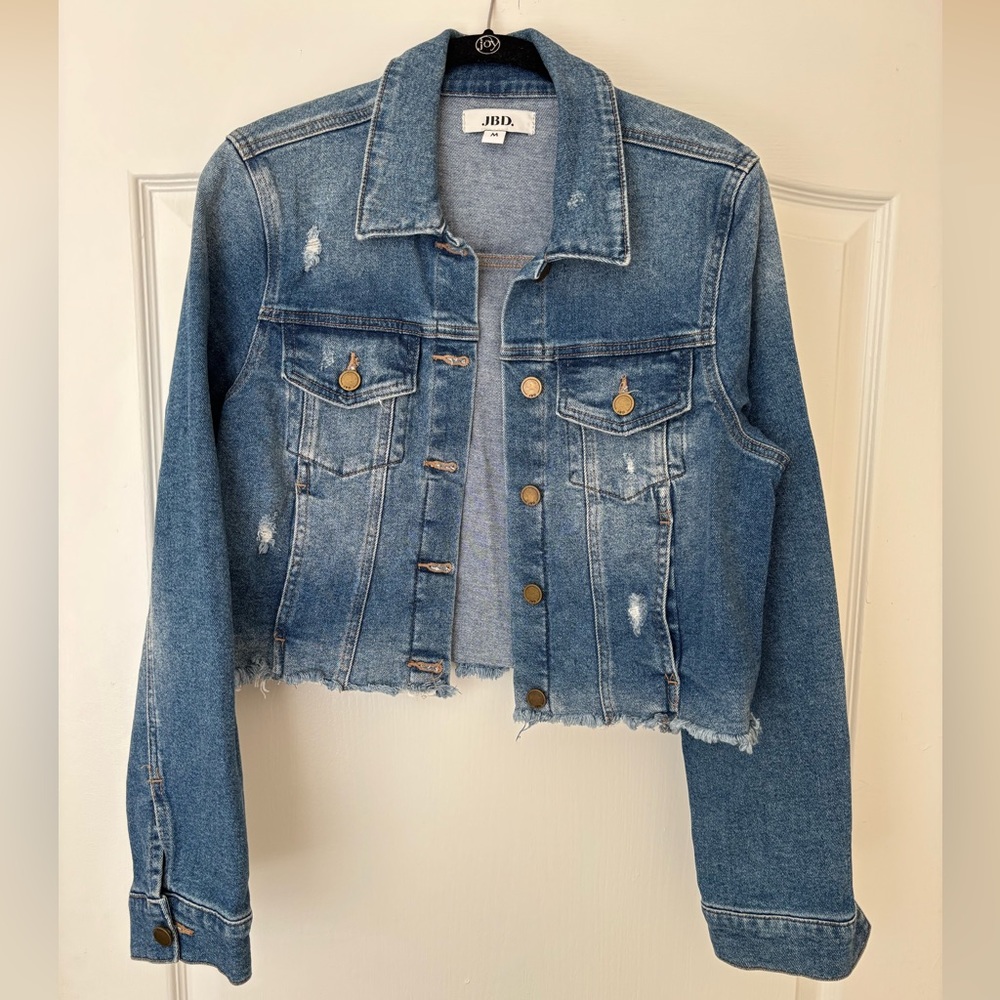 Distressed Denim Jacket, Button Front, Long Sleeve, Medium Wash